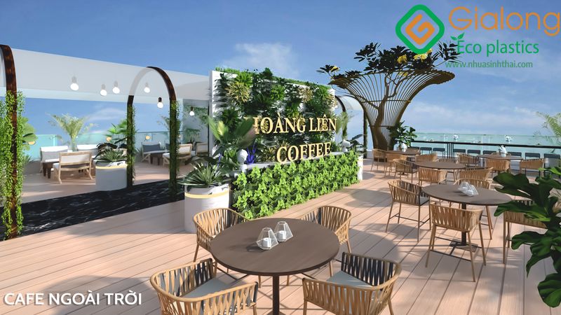 Thiết kế thi công gỗ nhựa sinh thái cho Cafe Rooftop tại Trung tâm thương mại Hoàng Liên